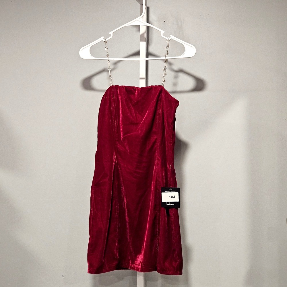NWT Lulus XS Holiday Red Velour Mini Dress‎ Rhinestone Straps Back Vent Back Zip